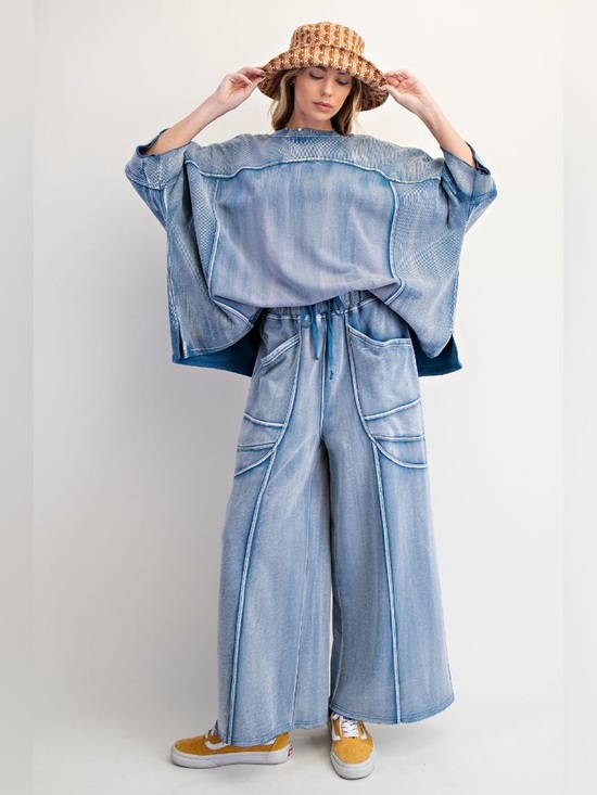 Easel Los Angeles Pants - Easel BLUE SET monkey Washed Terry Knit Sweater Wide Leg  S M L NWT cotton